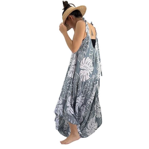 Pōʻalima Gray White Monstera Tropical Boho Wide Leg Beach Romper - Picture 13 of 16